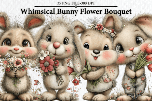 Download Whimsical Bunny Flower Bouquet Clipart - Bunny Collection
